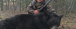 Sam was hunting in Saskatchewan this Spring with Devin Beebe of Timberlost Outfitters. This is his second bear with a Knight. He was shooting a DISC .52 cal rifle and using the Barnes 350 gr red-hot bullet with 90 grains of Blackhorn 209 powder. This boar weighed in at 240 lbs. Sam is 15. He said that the bear came in at less than 15 yds and that after the shot this big boar snapped back at the spot where he'd been hit, fangs on display and gave a very vicious low snarl like growl. As if to put his attacker on notice that he was pissed and ready for war. Afterward, he turned and ran about 40 yds before stopping. Within a few short seconds, he gave out a blood-curdling death moan signaling the struggle was now over.