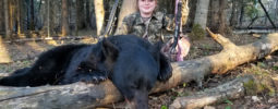 My experience hunting with Timberlost Outfitting was great! We arrived at camp and got to practice shooting targets before the hunt the next day. The stand was in a great place where my dad and I could sit comfortably. Within in the first 30 minutes, we saw a mama bear and 3 cubs. After they left, a big boar walked in that was easily as big as the feeding barrel, I was able to take my shot and got a beautiful bear! Thanks, Devin!